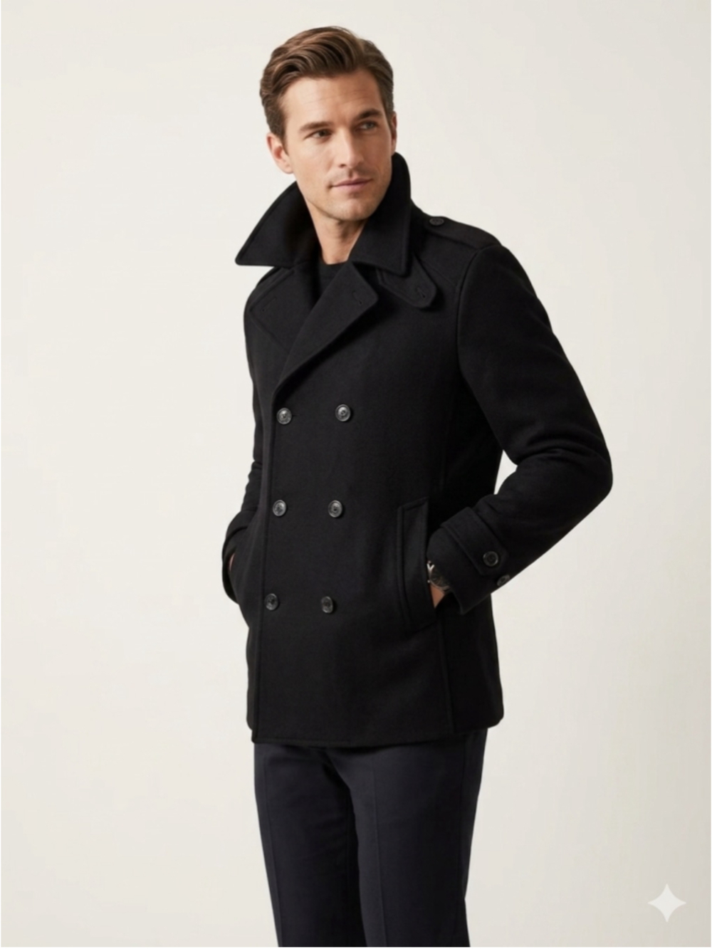 Men's Calvin Klein Men’s Wool Blend Double Breasted Peacoat Jacket Black Medium